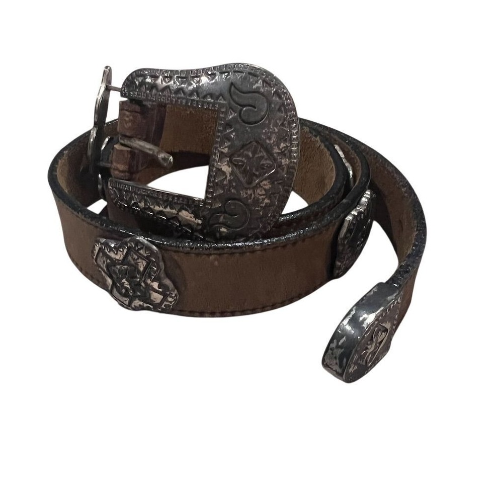 Western Leather Belt Womens 30 Brown Good Vintage 1993 Concho Buckle Patina